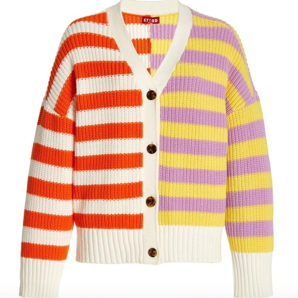 Staud Essex Cotton V Neck Striped Knit Cardigan Sweater Top Cabana Stripe
